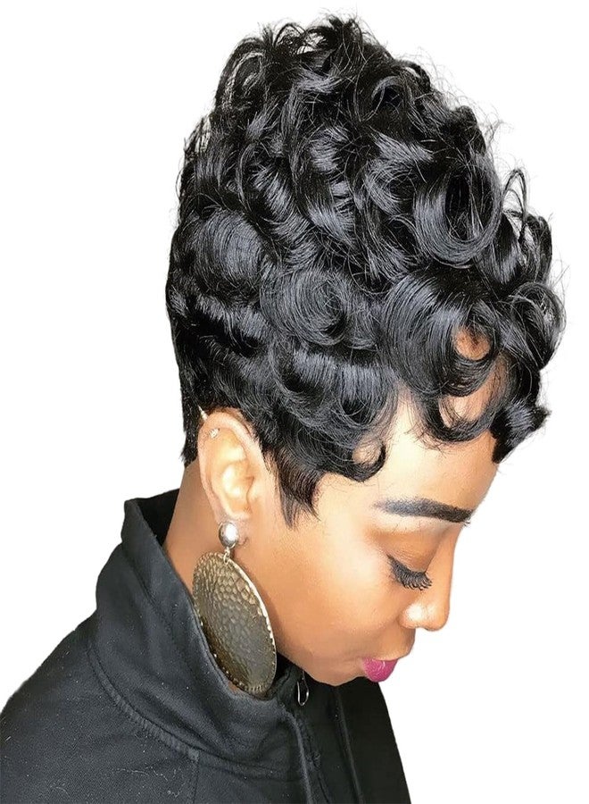 MOONSHOW Short Pixie Wigs for Black Women Short Black Curly Pixie Wig Synthetic Short Hair Wigs for Black Women Natural Wavy Black Pixie Cut Wig (Natural Black) - Image 1